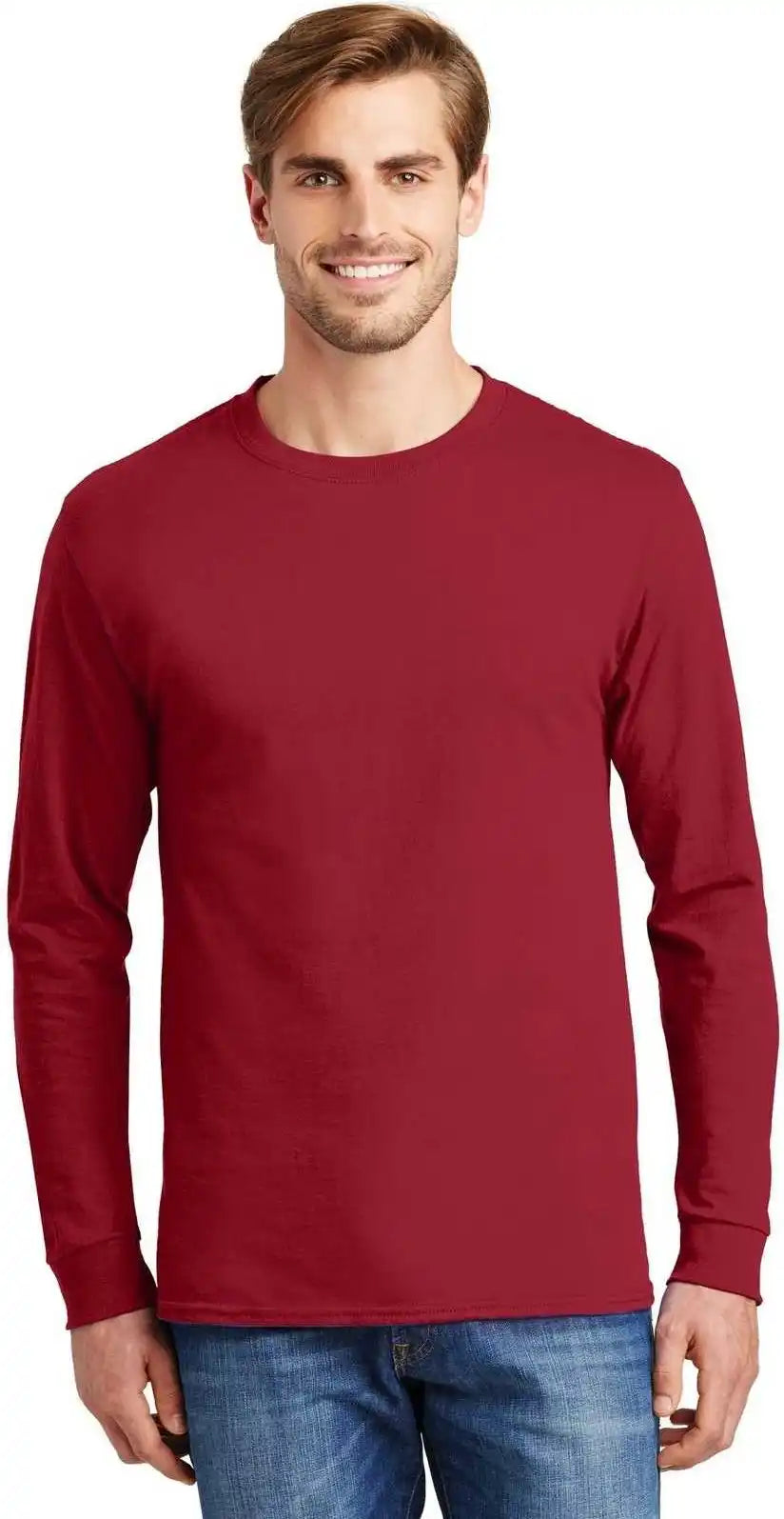 Hanes 5586 Tagless 100% Cotton Long Sleeve t Shirt Deep Red