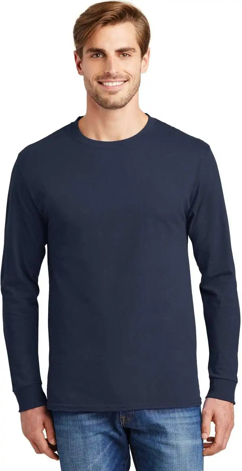 Hanes 5586 Tagless 100% Cotton Long Sleeve t Shirt Navy