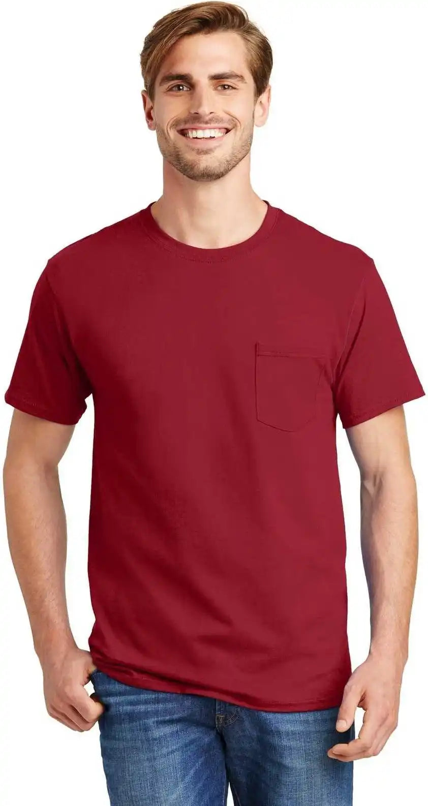 Hanes 5590 Tagless 100% Cotton T-shirt with Pocket - Deep Red