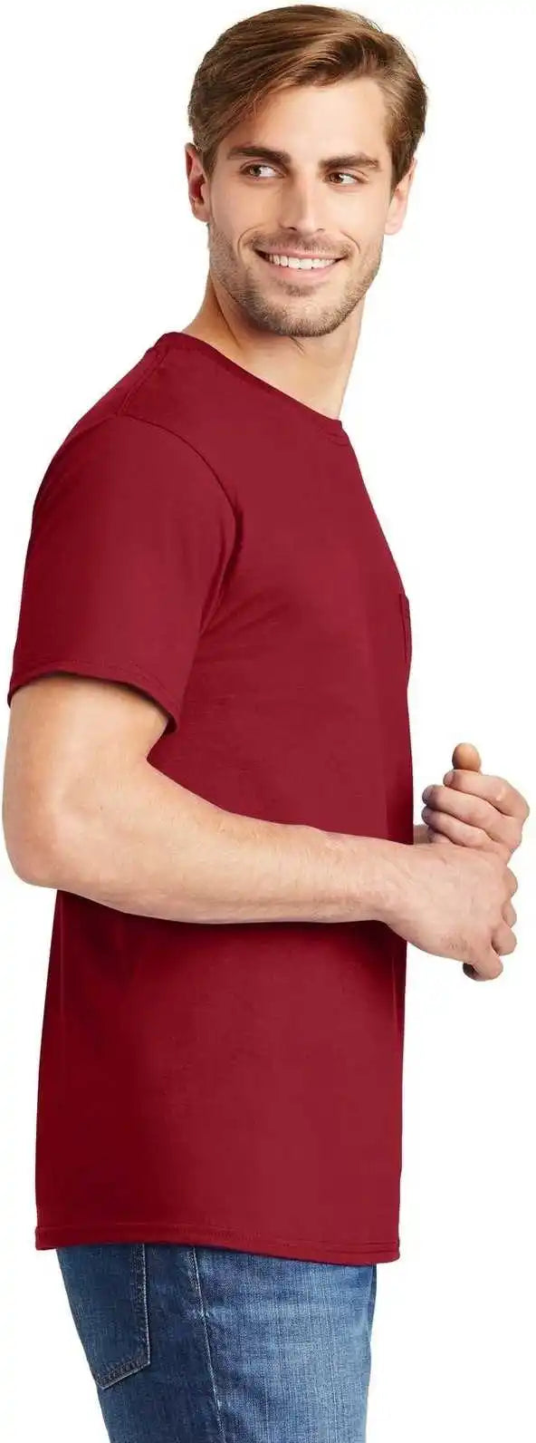 Hanes 5590 Tagless 100% Cotton T-shirt with Pocket - Deep Red