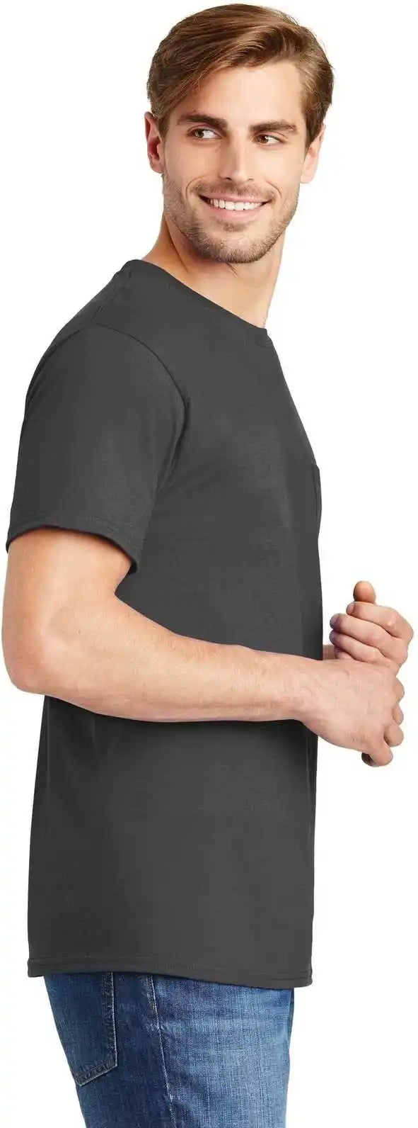Hanes 5590 Tagless 100% Cotton T-shirt with Pocket - Smoke Gray