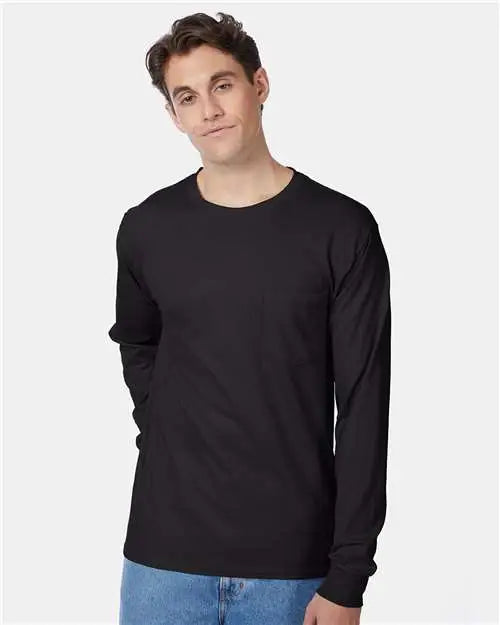 Hanes 5596 Authentic Long Sleeve Pocket T-shirt - Black