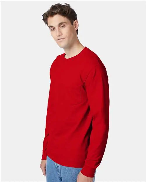 Hanes 5596 Authentic Long Sleeve Pocket T-shirt - Deep Red