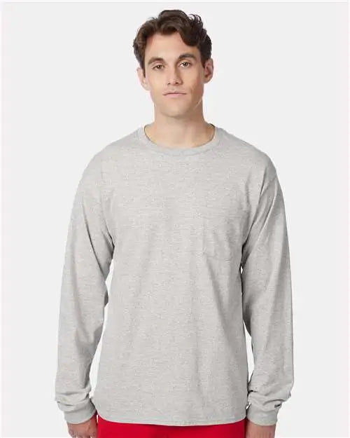 Hanes 5596 Authentic Long Sleeve Pocket T-shirt - Light Steel