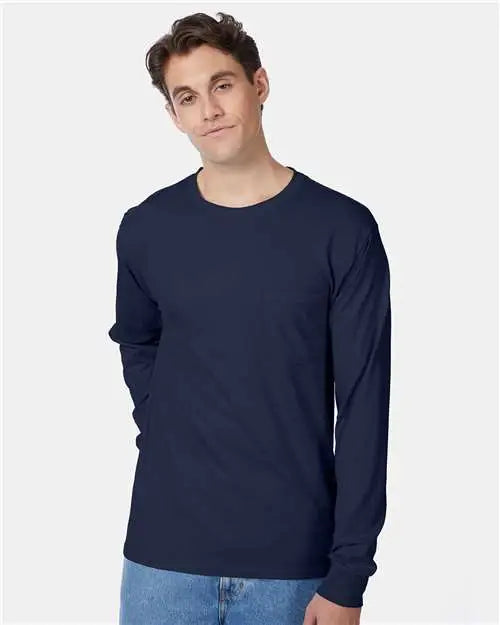 Hanes 5596 Authentic Long Sleeve Pocket T-shirt - Navy