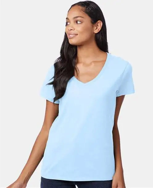 Hanes S04v Perfect-t Women’s V-neck T-shirt - Light Blue
