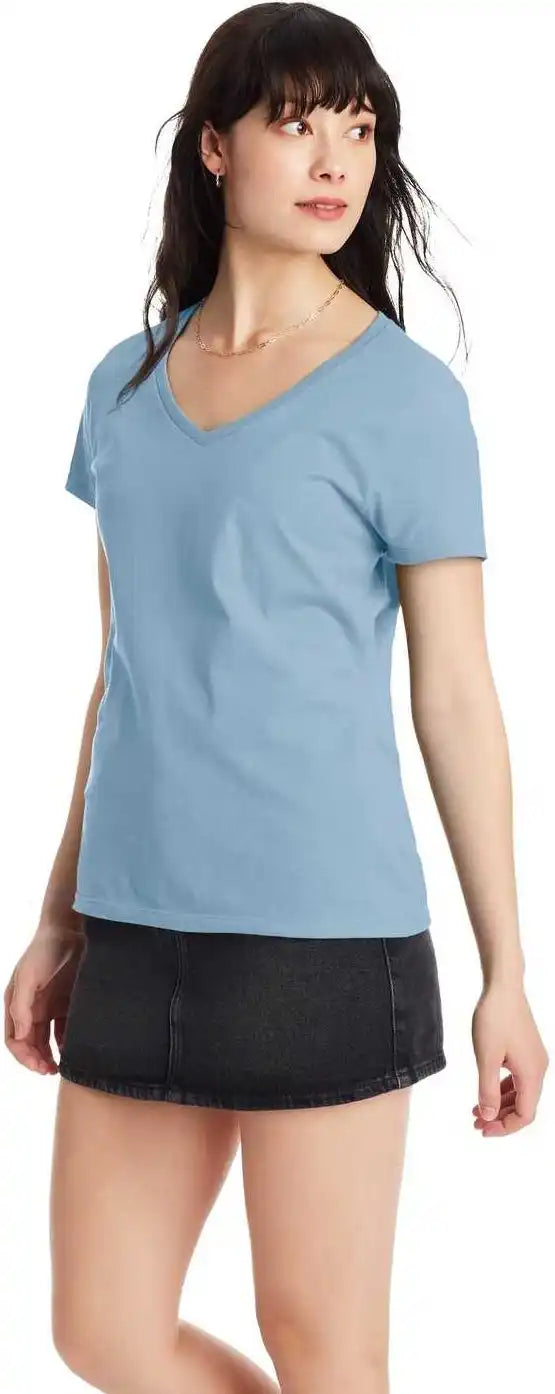 Hanes S04v Perfect-t Womens V-neck T-shirt - Light Blue