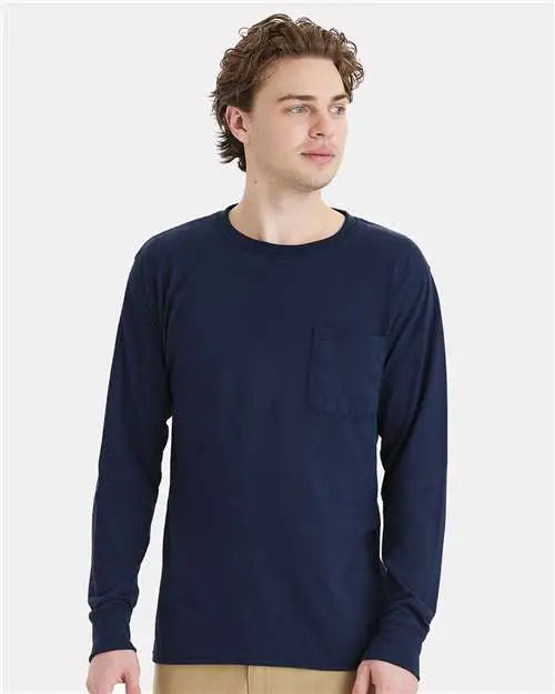 Hanes W120 Workwear Long Sleeve Pocket T-shirt - Navy