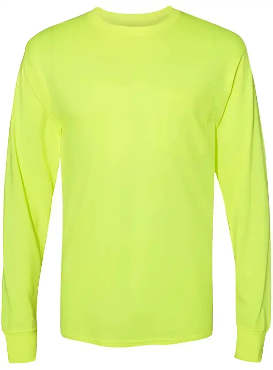 Hanes W120 Workwear Long Sleeve Pocket t Shirt Safety Green