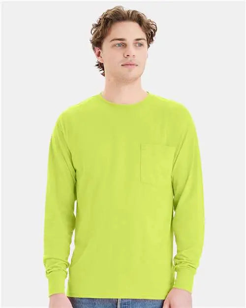 Hanes W120 Workwear Long Sleeve Pocket T-shirt - Safety Green