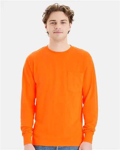 Hanes W120 Workwear Long Sleeve Pocket T-shirt - Safety Orange