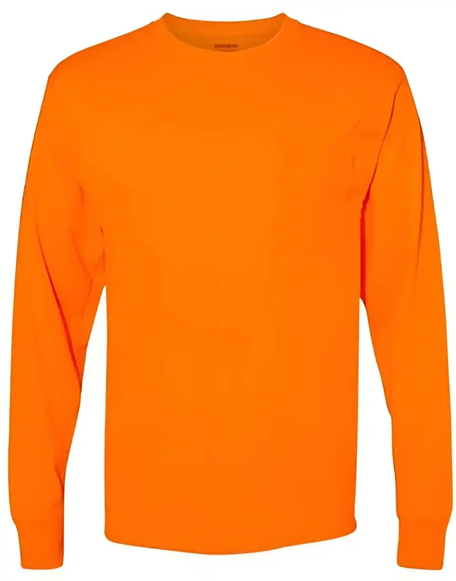 Hanes W120 Workwear Long Sleeve Pocket t Shirt Safety Orange