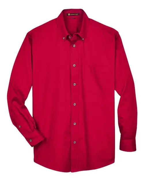Harriton M500 Men’s Easy Blend Long Sleeve Twill Shirt - Red
