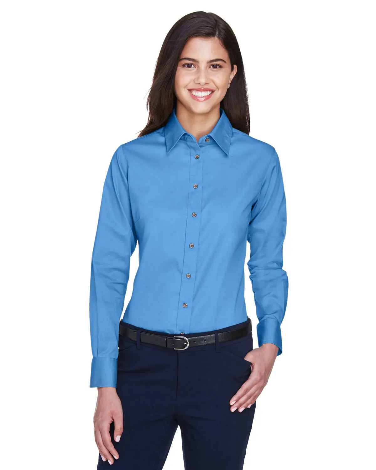 Harriton M500w Women’s Easy Blend Long Sleeve Twill Dress Shirt with Stain-release - Nautical Blue - Ladies 3xl