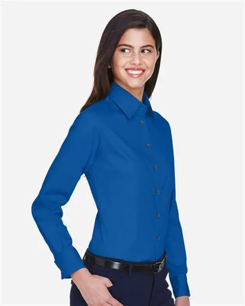 Harriton M500w Women’s Easy Blend Long Sleeve Twill Dress Shirt with Stain-release - French Blue