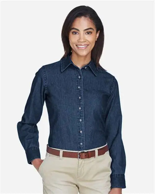 Harriton M550w Women’s Long Sleeve Denim Shirt - Dark