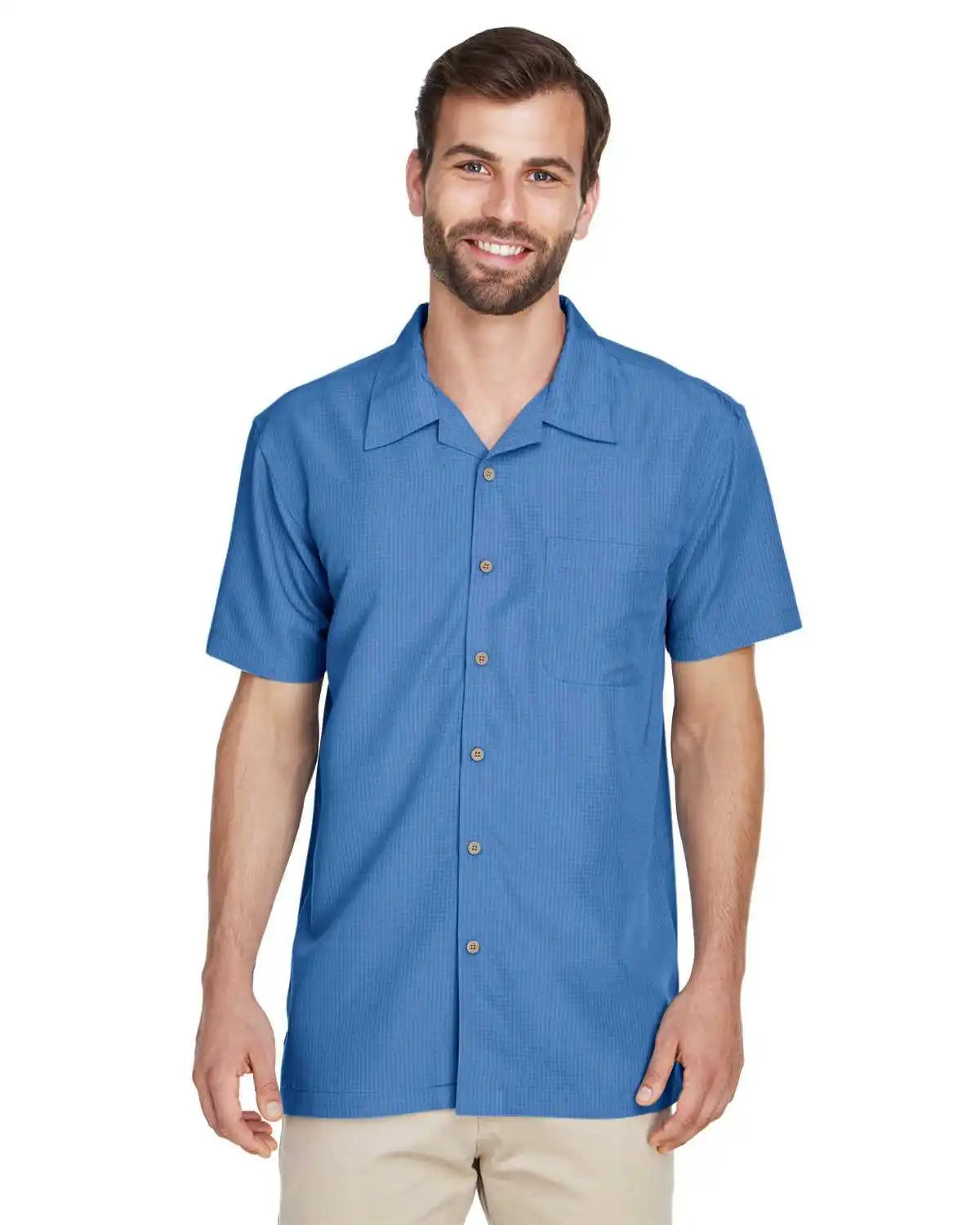 Harriton M560 Men’s Barbados Textured Camp Shirt - Pool Blue