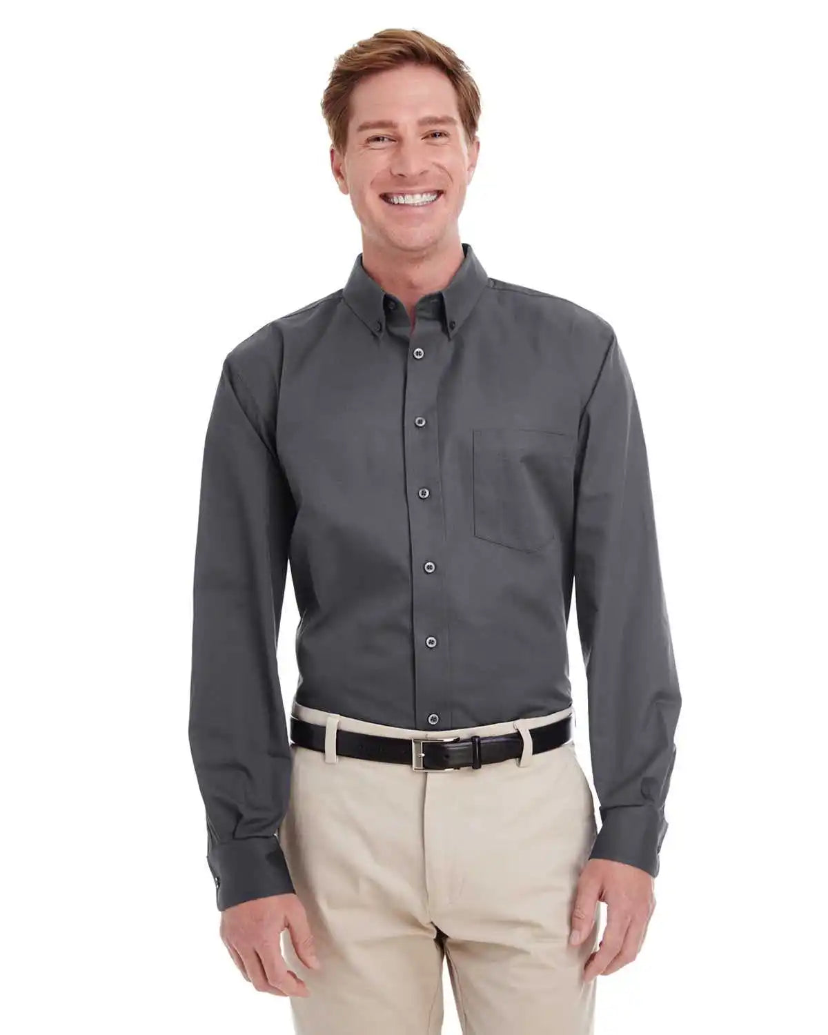 Harriton M581 Men’s Foundation 100% Cotton Long-sleeve Twill Shirt Withteflon - Dark Charcoal