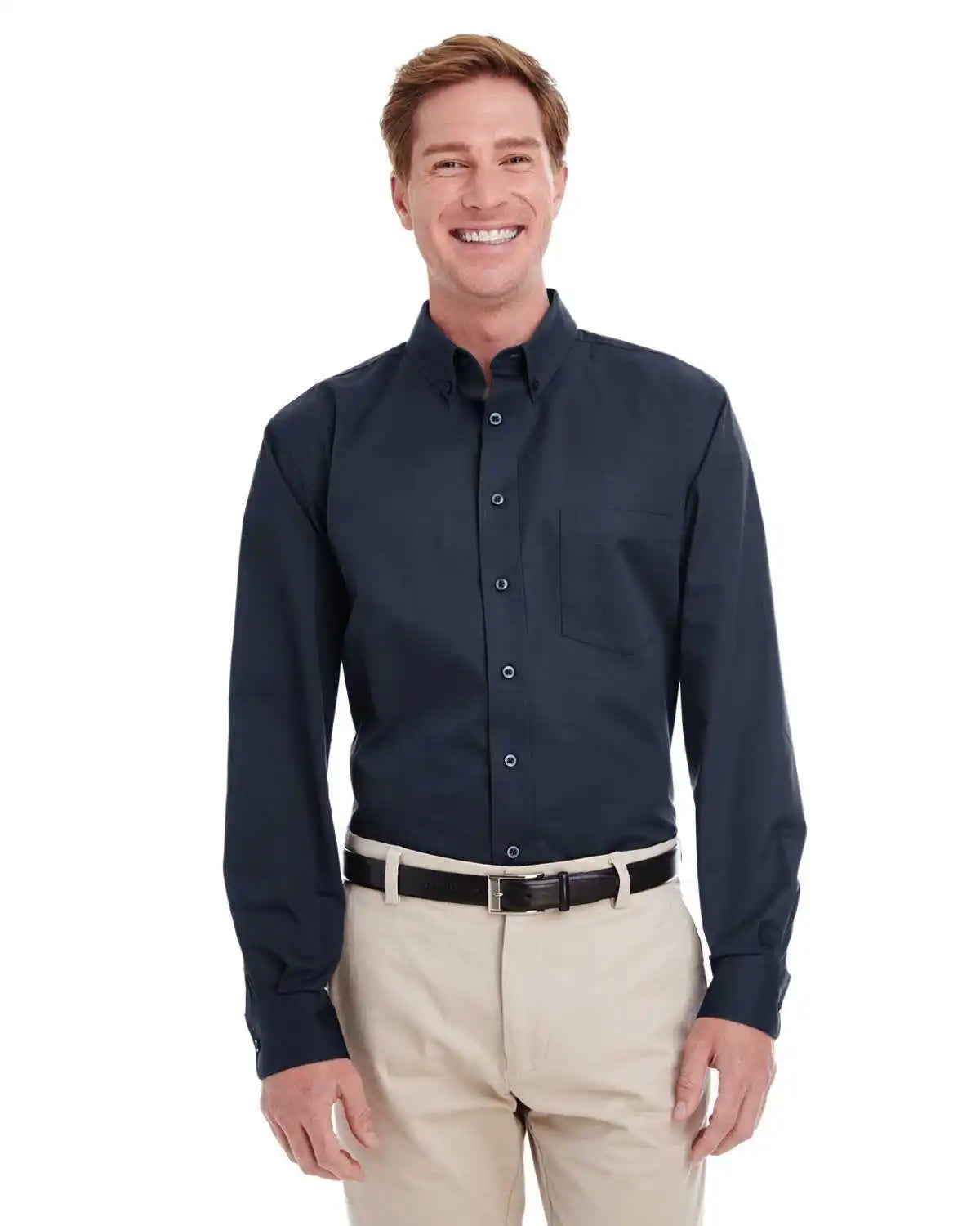 Harriton M581 Men’s Foundation 100% Cotton Long-sleeve Twill Shirt Withteflon - Dark Navy