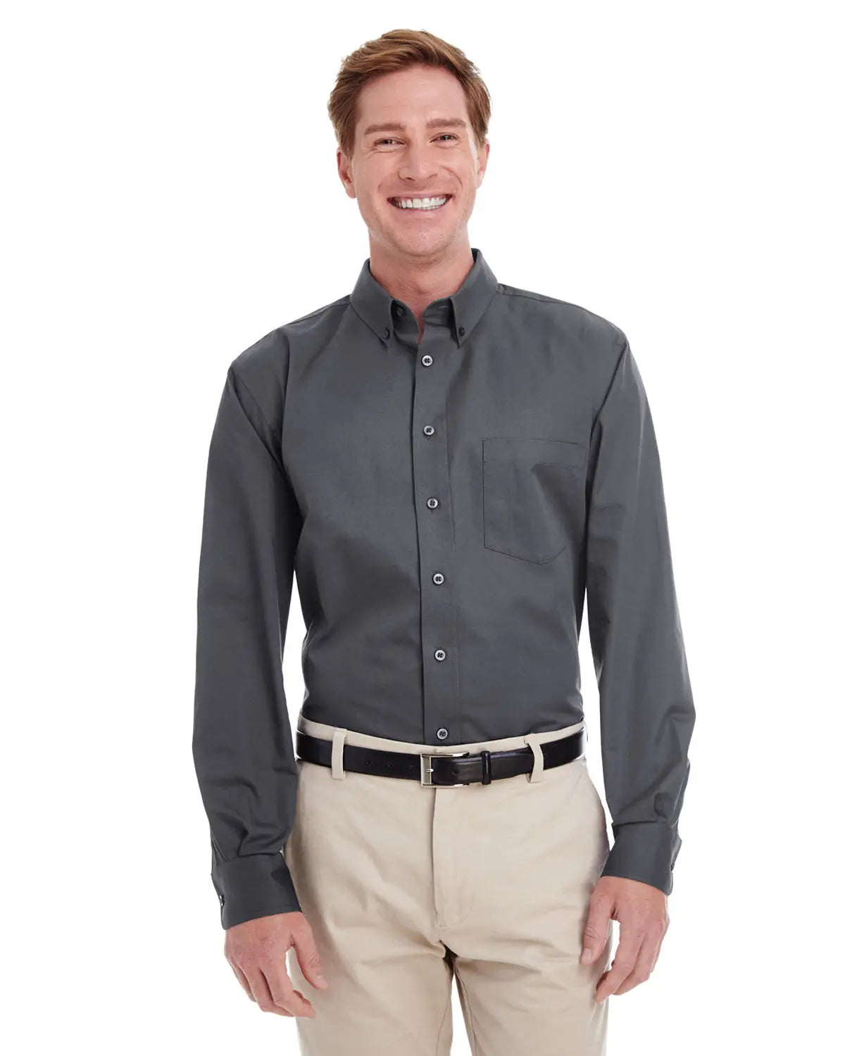 Harriton M581 Men’s Foundation Cotton Twill Dress Shirt with Teflon - Dark Charcoal