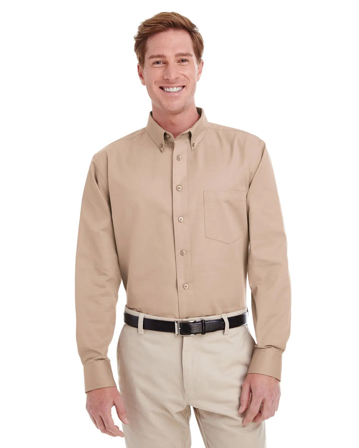 Harriton M581 Men’s Foundation Cotton Twill Dress Shirt with Teflon - Khaki