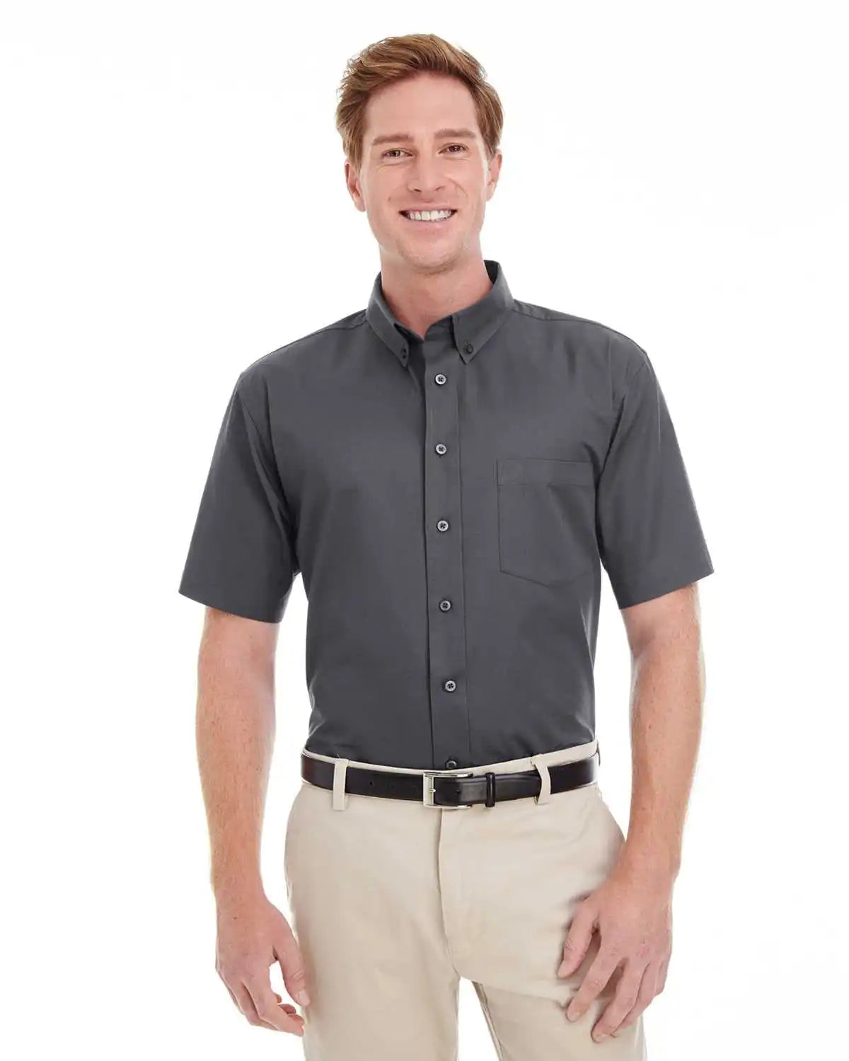 Harriton M582 Men’s Foundation 100% Cotton Short-sleeve Twill Shirt with Teflon - Dark Charcoal - Gray / Adult 4xl