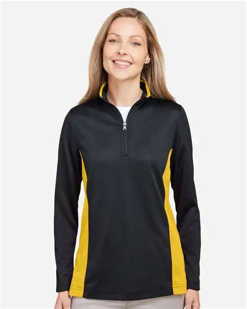 Harriton M786w Women’s Flash Snag Protection Plus Il Colorblock Quarter-zip Pullover - Black Sunray Yellow