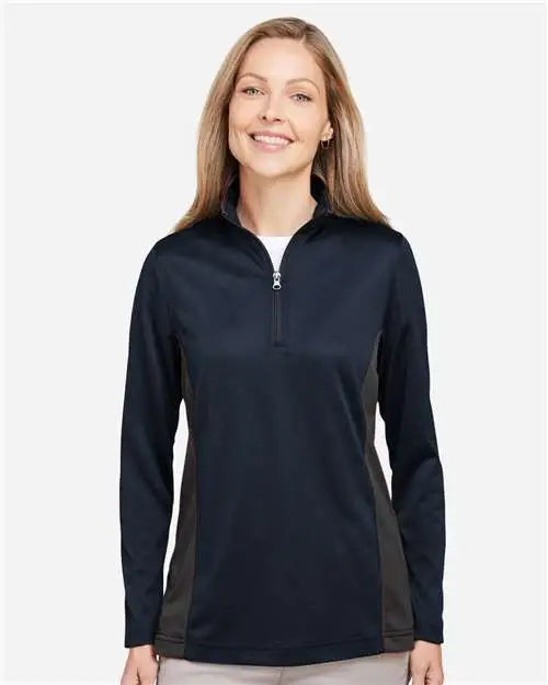 Harriton M786w Women’s Flash Snag Protection Plus Il Colorblock Quarter-zip Pullover - Dark Navy Charcoal