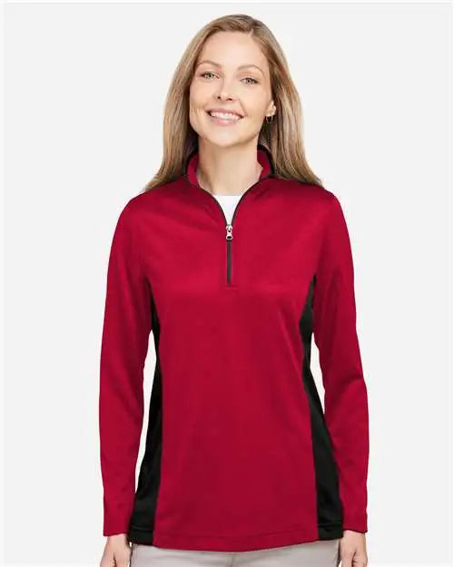 Harriton M786w Women’s Flash Snag Protection Plus Il Colorblock Quarter-zip Pullover - Red Black