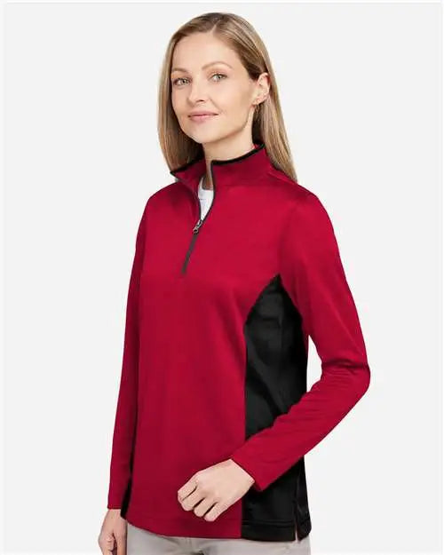 Harriton M786w Women’s Flash Snag Protection Plus Il Colorblock Quarter-zip Pullover - Red Black