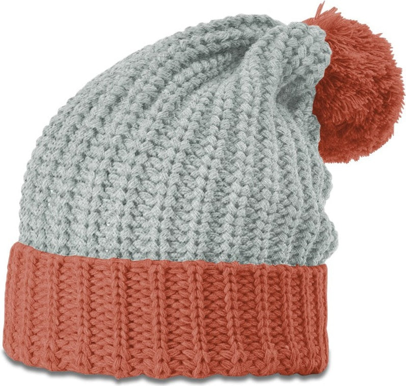 Heather Grey-Rust Chunk Cable Beanie with Cuff & Pom