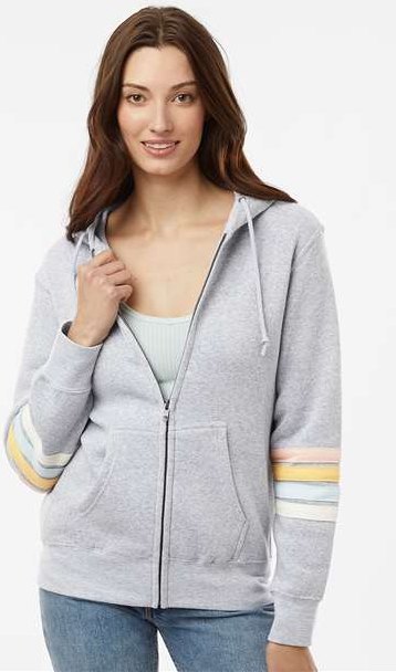 Heather Grey Women&#39;s Striped Sleeves Full-Zip Hooded Sweatshirt - W22732