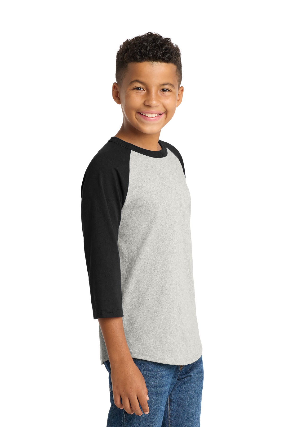 Heathr/Gry/Blk Sport-Tek Youth Colorblock Raglan Jersey. YT200