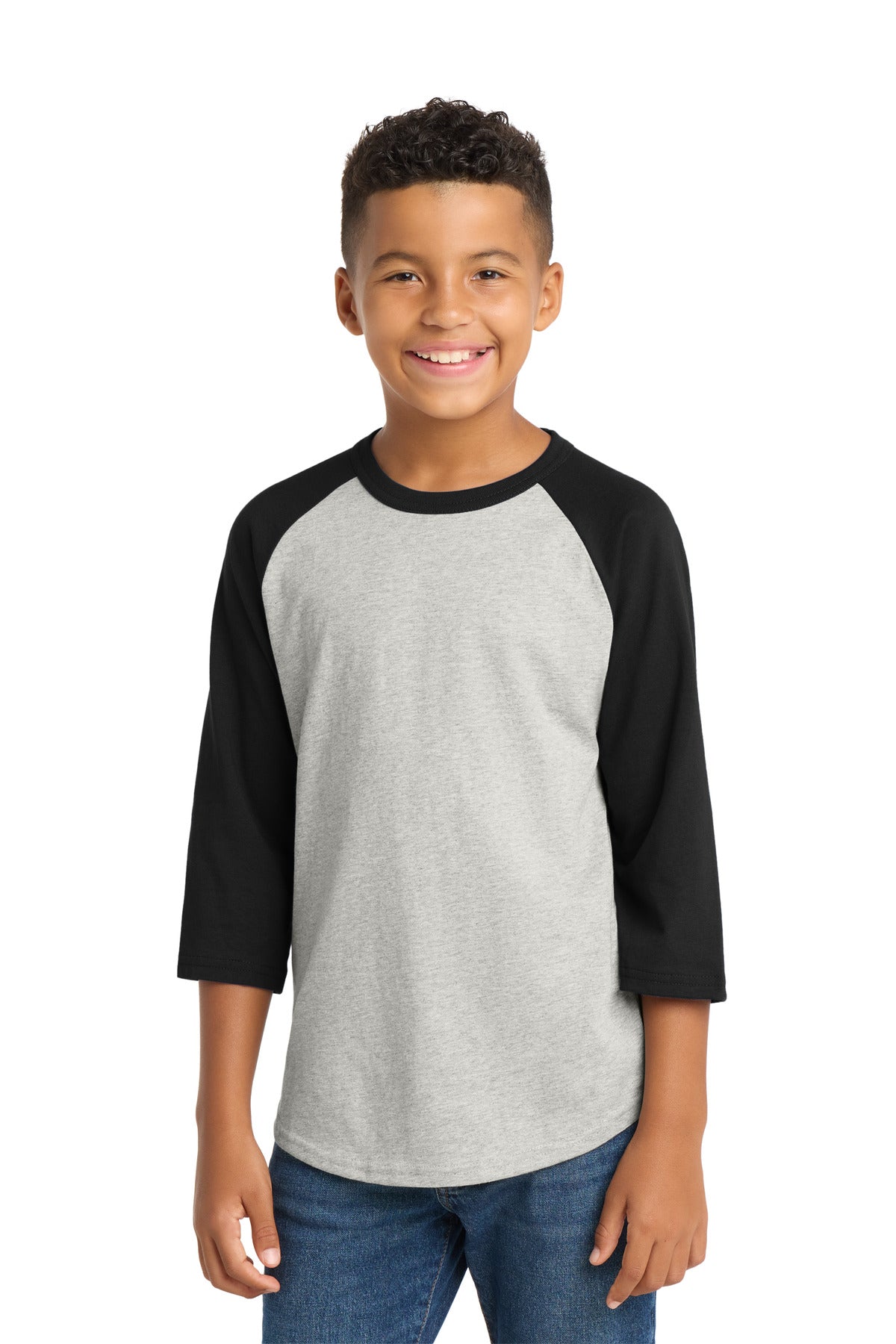 Heathr/Gry/Blk Sport-Tek Youth Colorblock Raglan Jersey. YT200