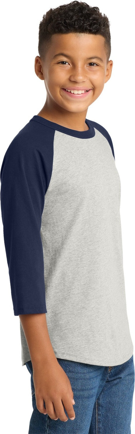 Heathr/Gry/Nvy Sport-Tek Youth Colorblock Raglan Jersey. YT200