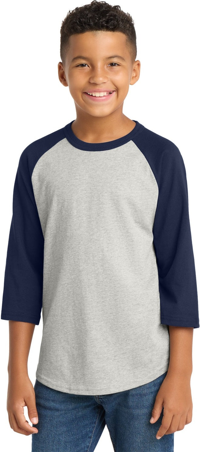 Heathr/Gry/Nvy Sport-Tek Youth Colorblock Raglan Jersey. YT200