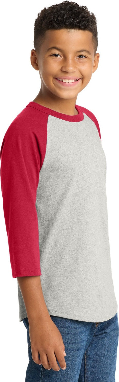 Heathr/Gry/Red Sport-Tek Youth Colorblock Raglan Jersey. YT200