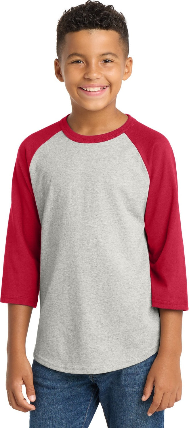 Heathr/Gry/Red Sport-Tek Youth Colorblock Raglan Jersey. YT200