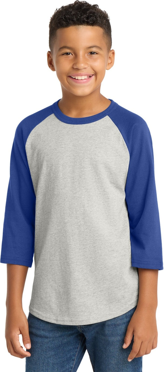 Heathr/Gry/Roy Sport-Tek Youth Colorblock Raglan Jersey. YT200