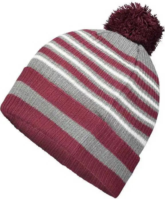 Holloway 223815 8 1/2’’ Spirit Pom Beanie - Maroon Heather Gray White - one Size Fits Most