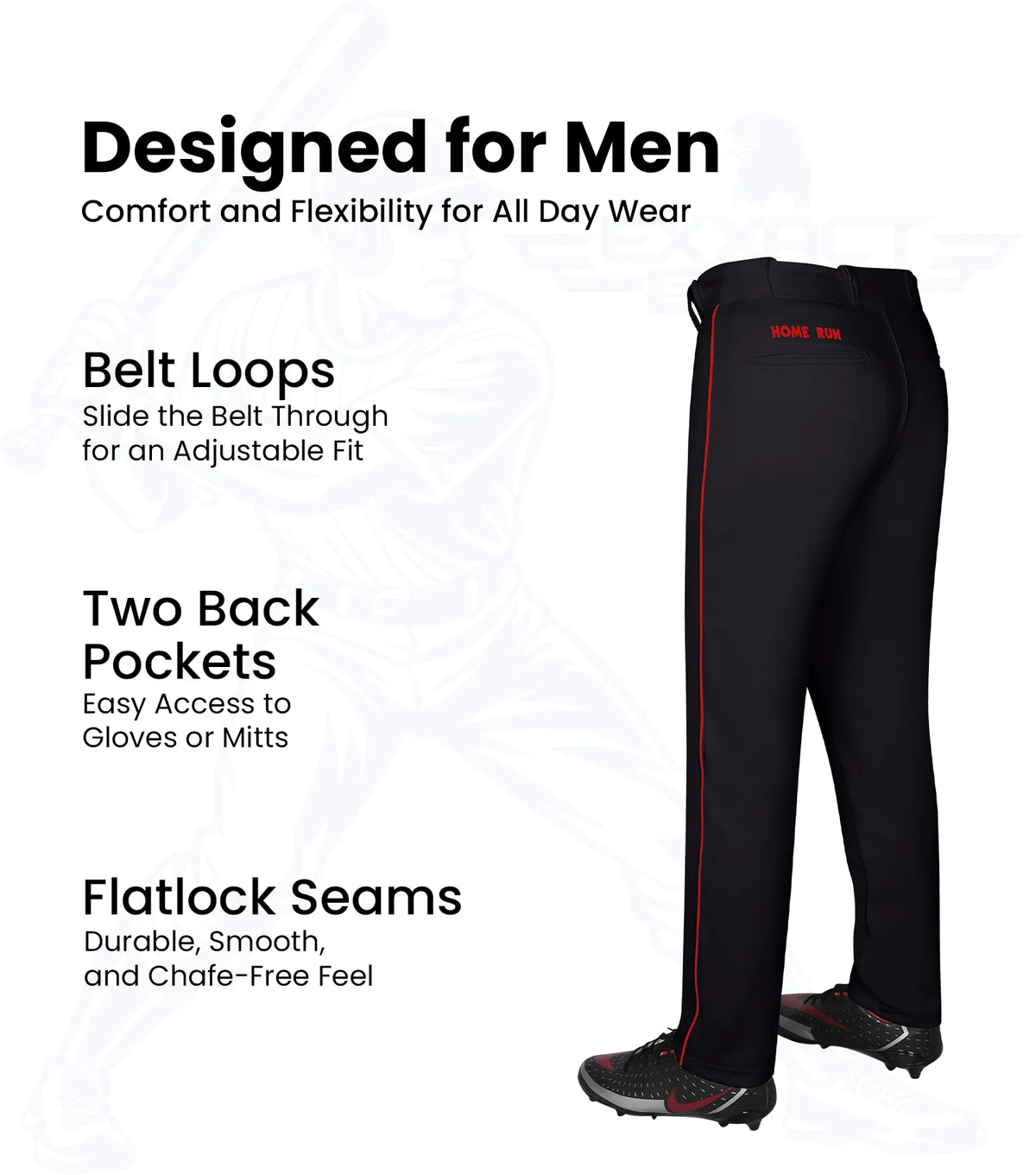 Homerun Men’s Full Length Baseball Pants with Piping (black)