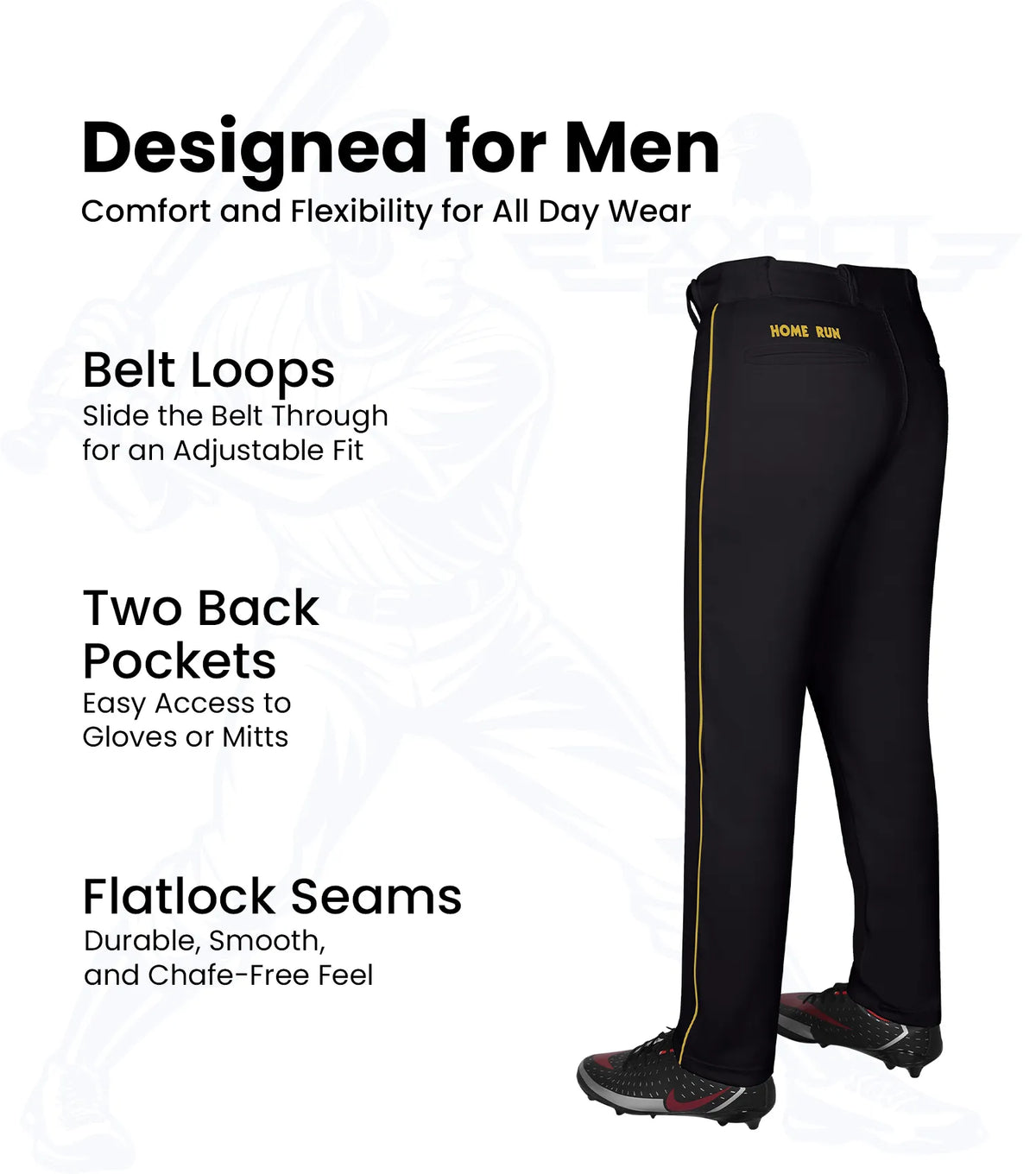 Homerun Men’s Full Length Baseball Pants with Piping (black)