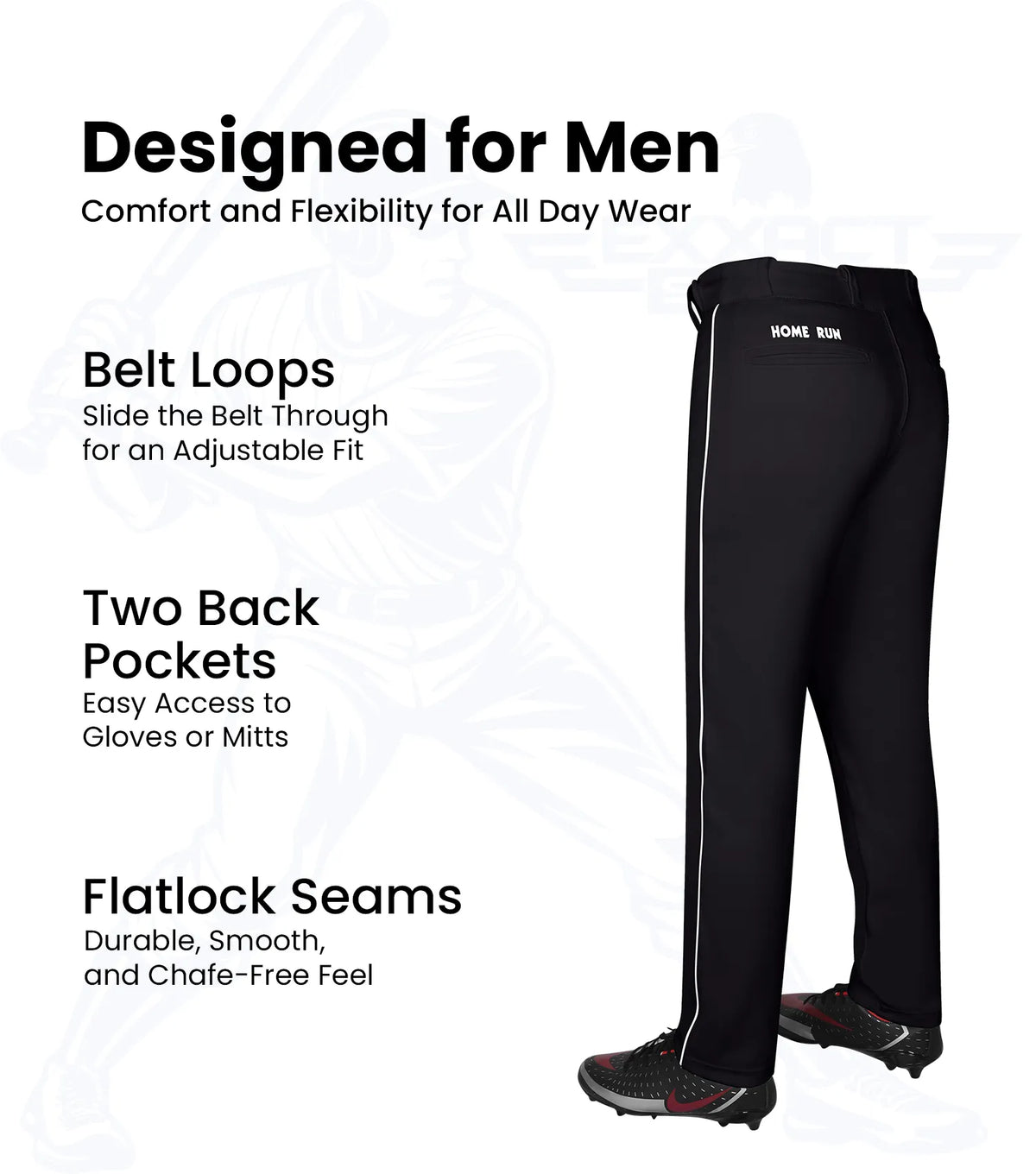 Homerun Men’s Full Length Baseball Pants with Piping (black)