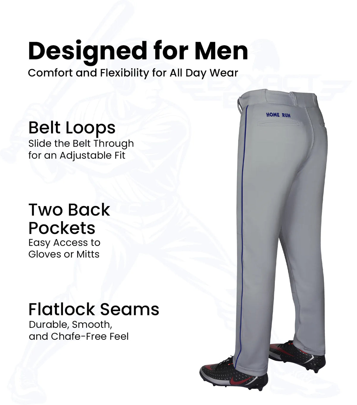 Homerun Men’s Full Length Baseball Pants with Piping (gray)