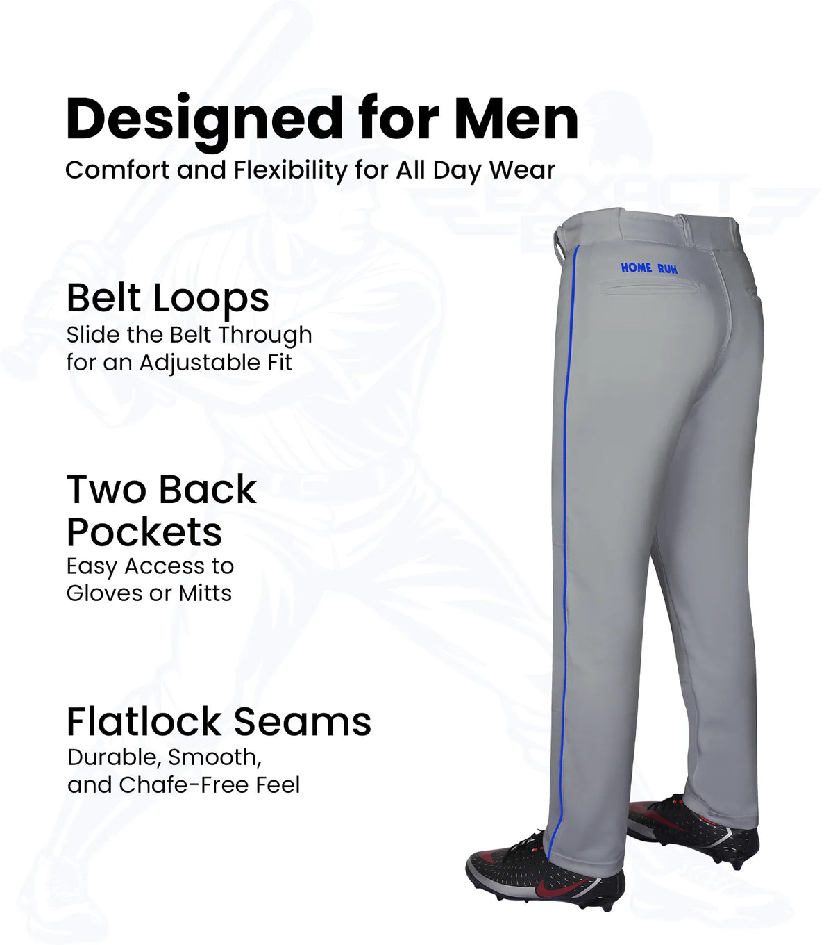 Homerun Men’s Full Length Baseball Pants with Piping (gray)
