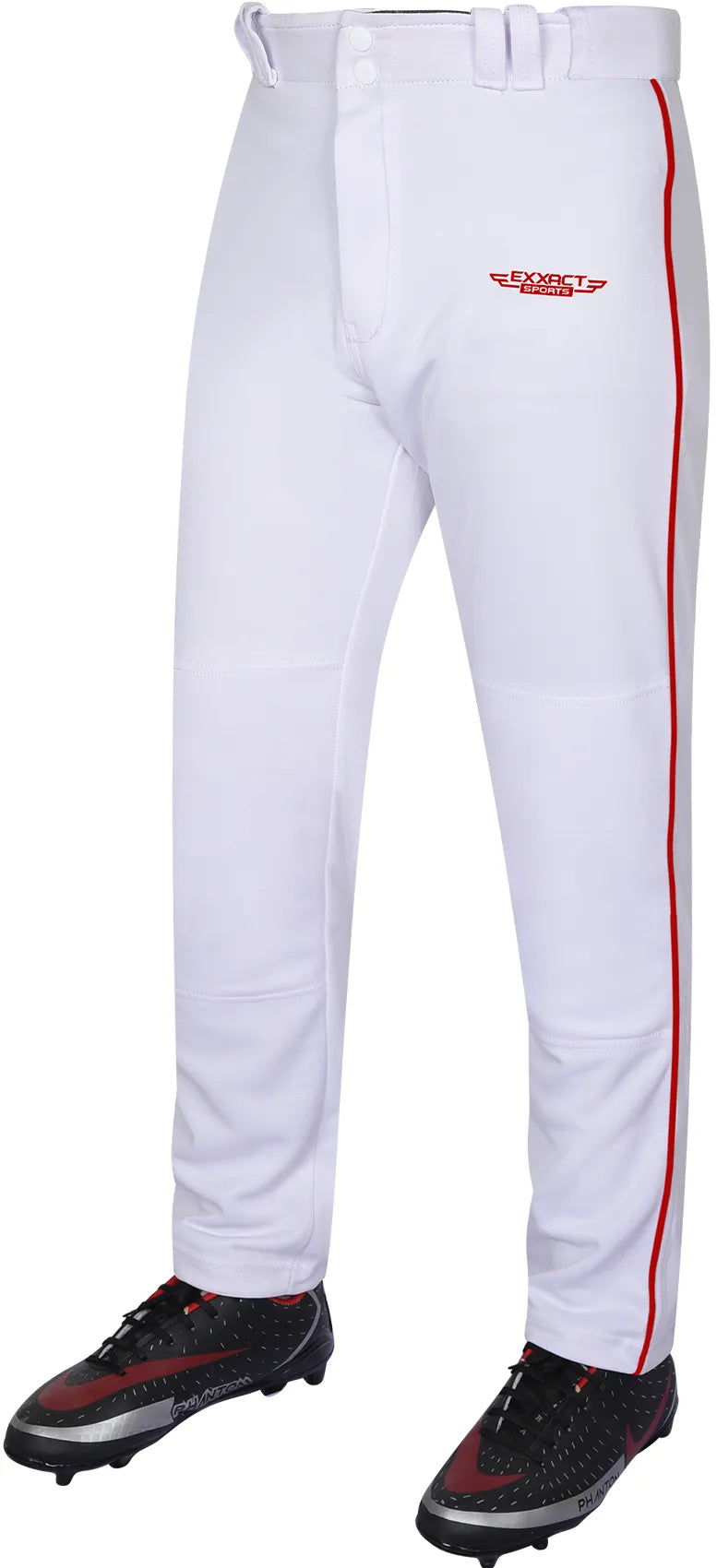 Homerun Men’s Full Length Baseball Pants with Piping (white) - White/red / Small
