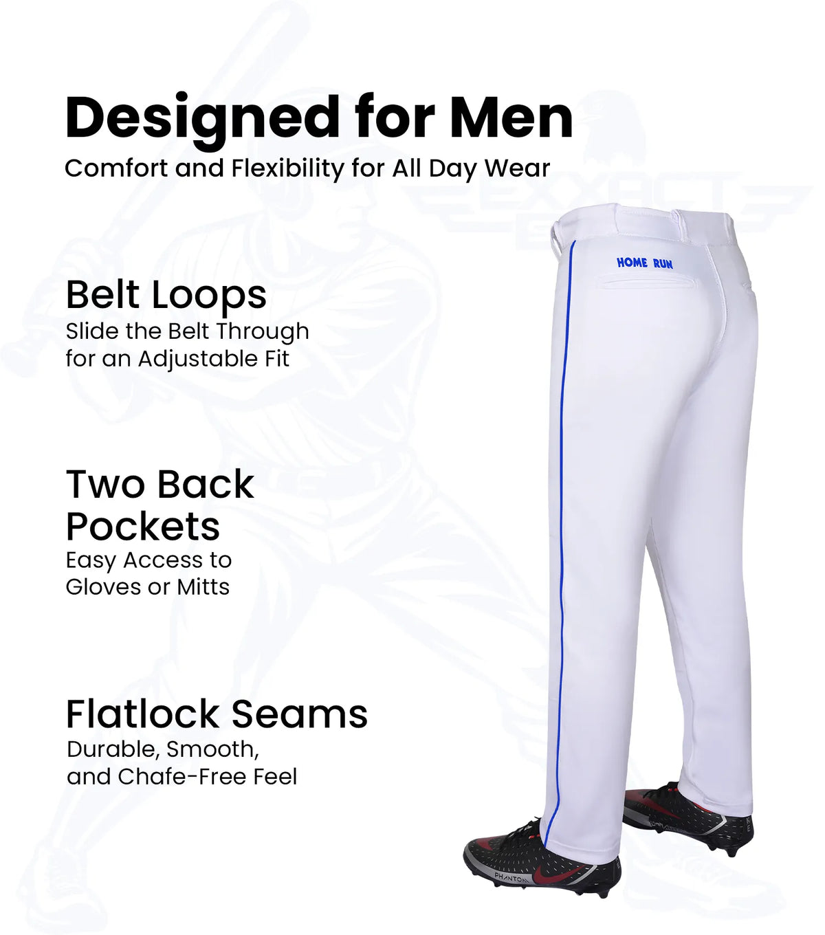 Homerun Men’s Full Length Baseball Pants with Piping (white)