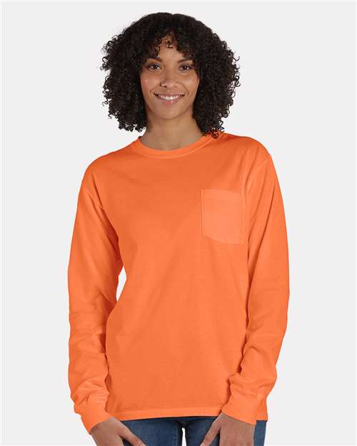 Front View of Horizon Orange Garment-Dyed Long Sleeve T-Shirt With a Pocket - GDH250
