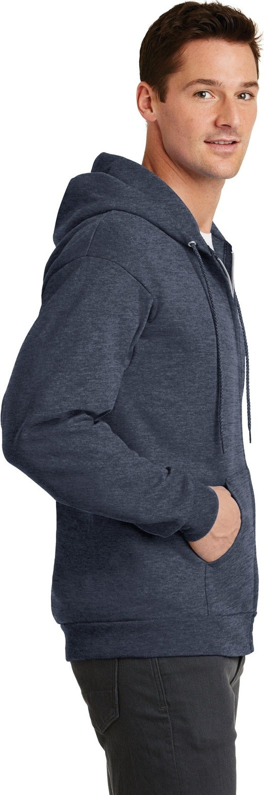 Hthr Navy Port & Co Core Fleece Full-Zip Hooded Sweatshirt. PC78ZH