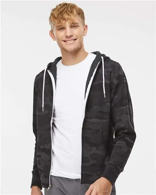 Independent Trading Co. Afx90unz Lightweight Full-zip Hooded Sweatshirt - Black Camo